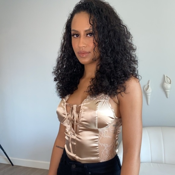 Champagne Satin Lace tie up front bodysuit - Picture 5 of 7